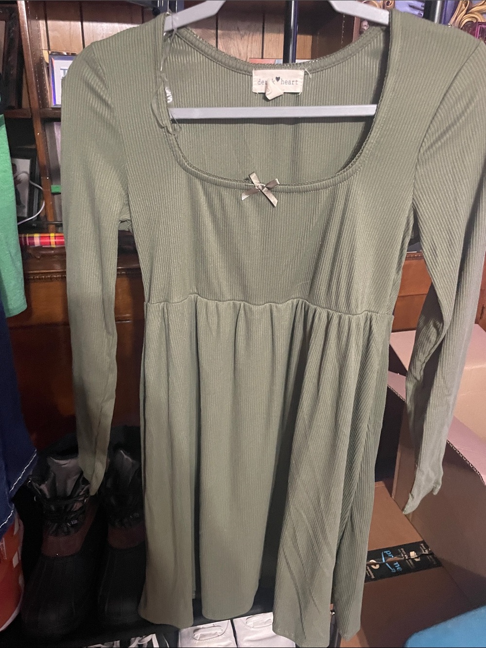 Derek Heart Olive Green Ribbed Long Sleeve Babydoll Dress